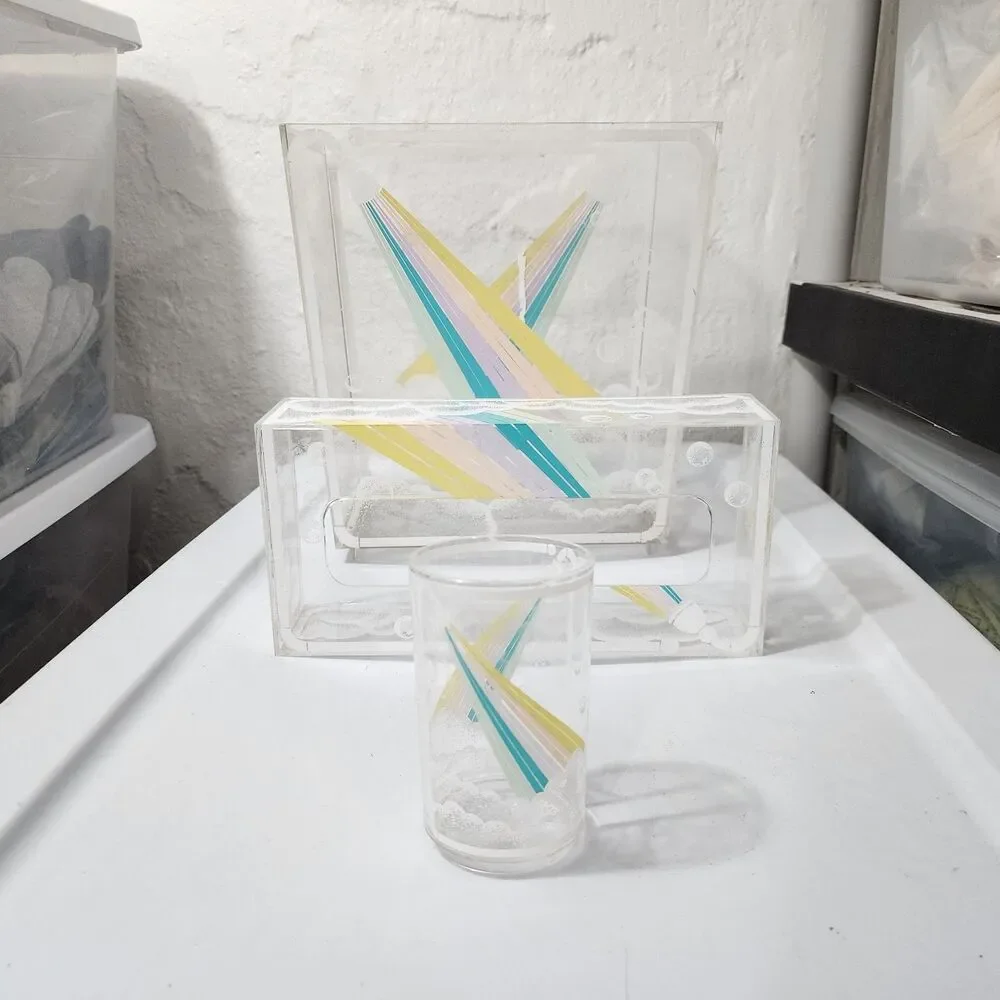 Rare 3-Piece Vintage 1980s Memphis Style Lucite Acrylic Bathroom Vanity Set
